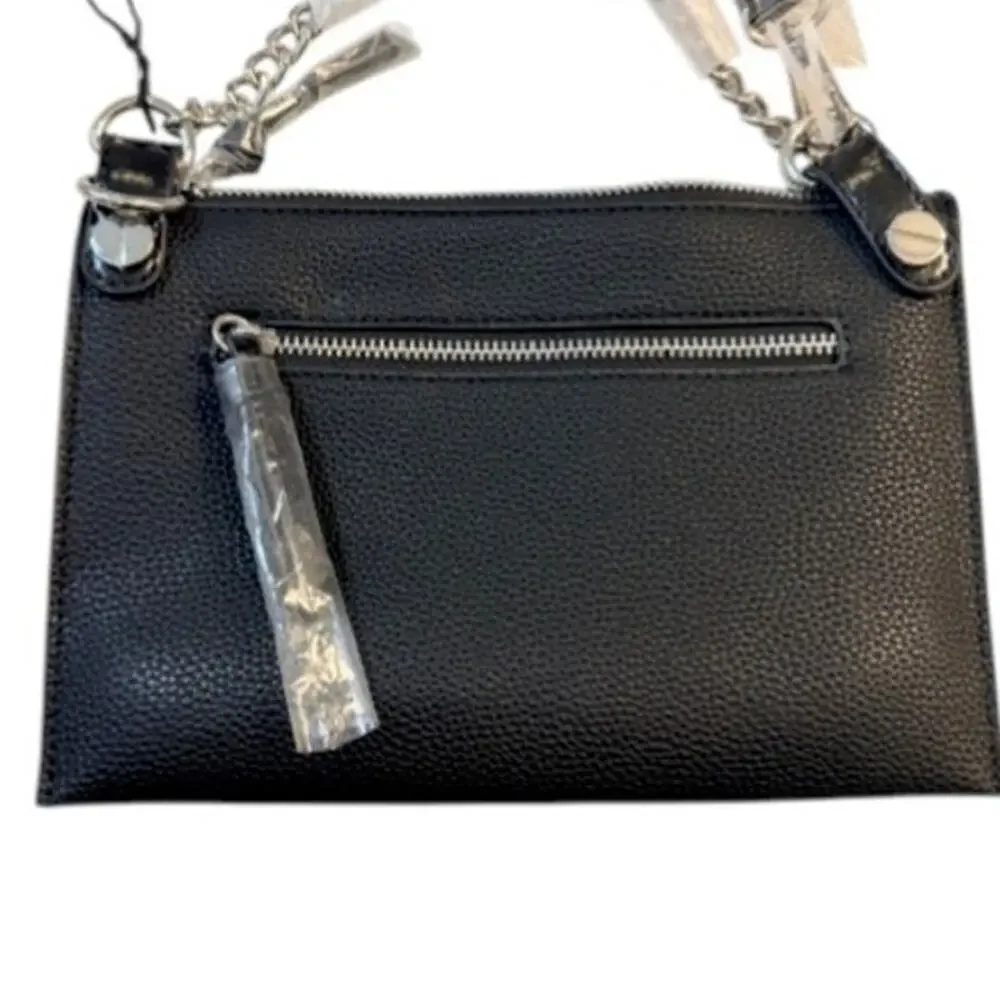 Cejon Black Leather & Suede Crossbody Bag Silver Chain Strap NEW